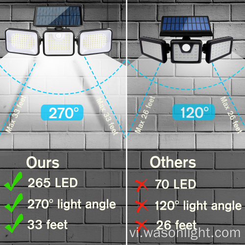 2023 Điều khiển từ xa mới 3 Đầu cảm biến chuyển động mặt trời 1000 lumens 180 LED Đèn bảo mật 270 Đèn tường rộng góc rộng